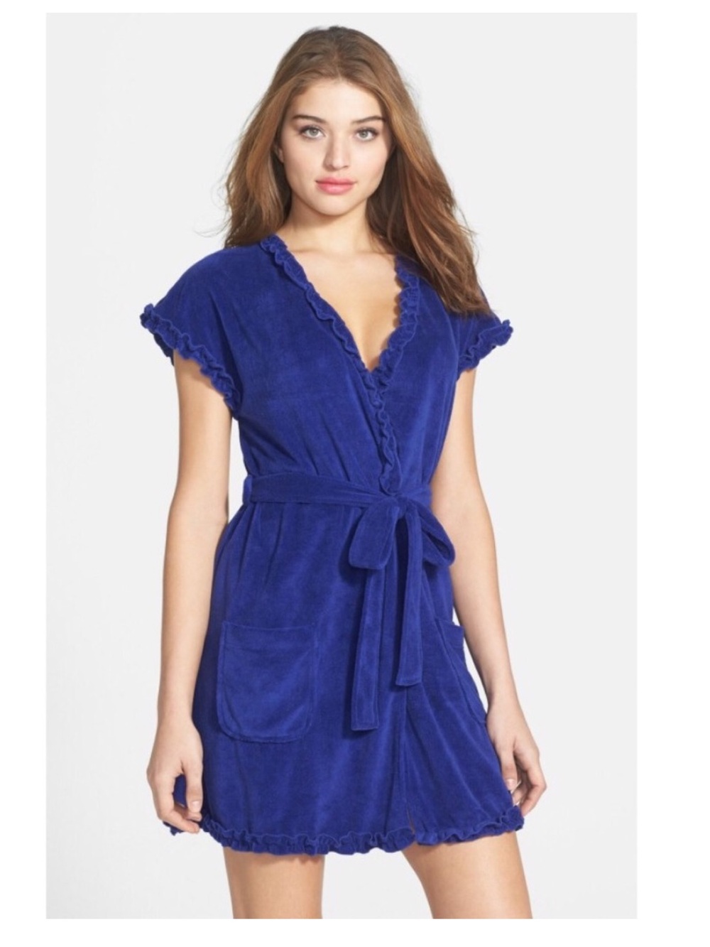 Betsey Johnson Vintage Y2K Ruffle Trim Terry Cloth Robe Blue Sz L